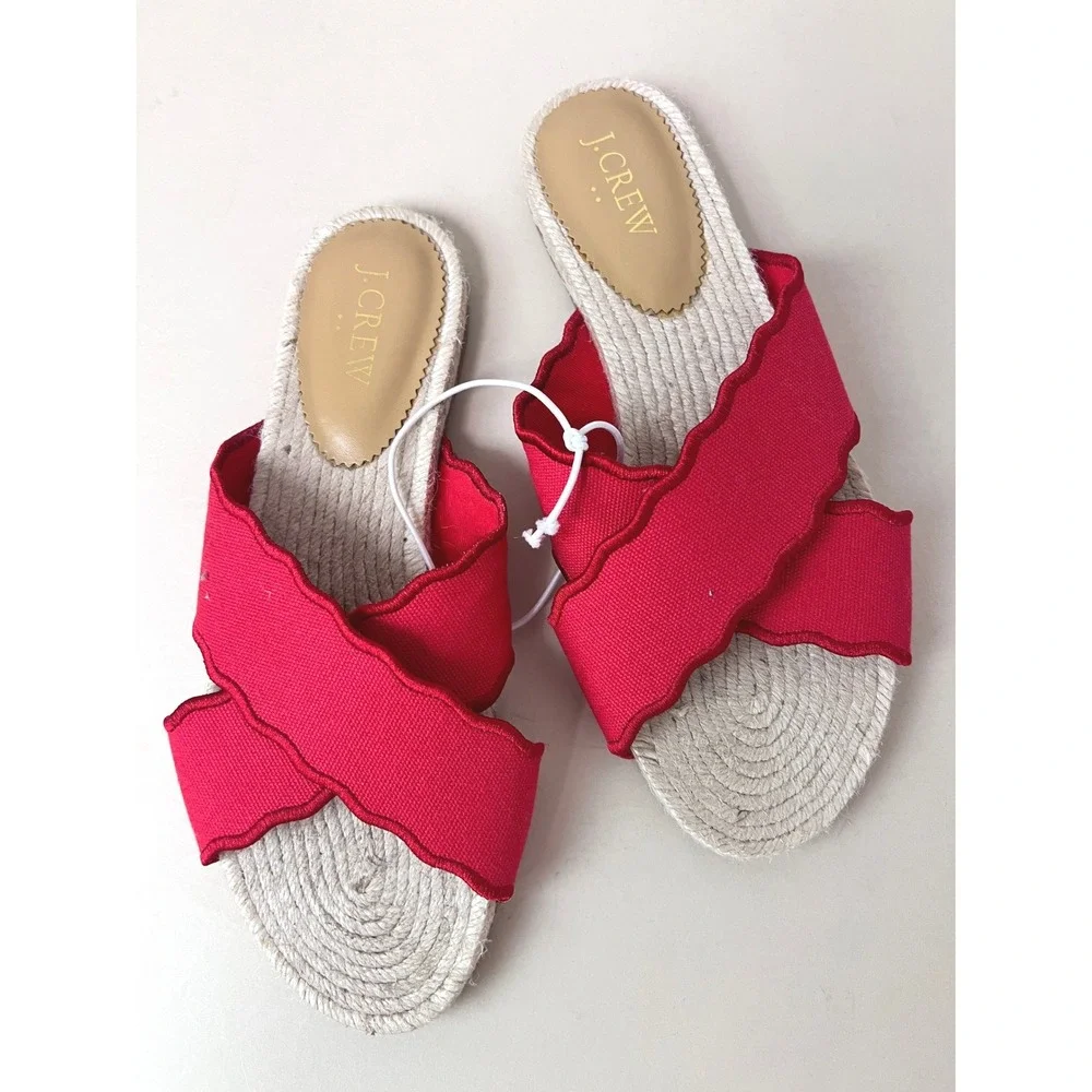 J.Crew Scalloped Espadrille Sandals Women Size 8 Red Excellent Crisscross Slide